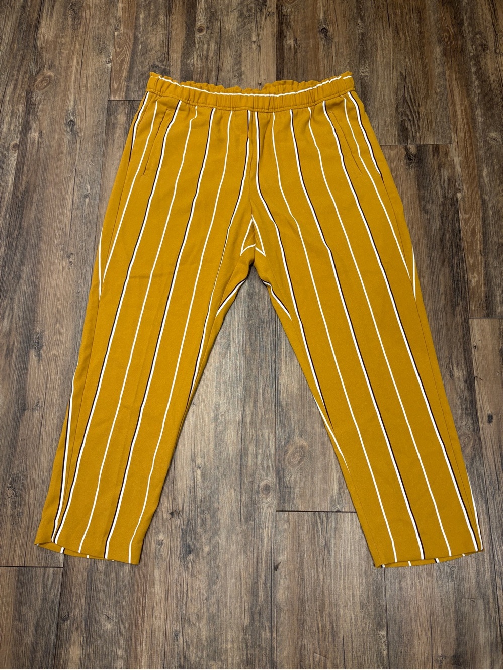 H&M Mustard Yellow Striped Ankle Pants | Elastic Waist Trousers 12